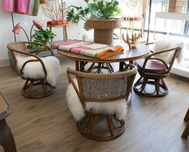 mid-century Ficks Reed game table 4 chairs, mid-century bullet lamp red fiberglass shades