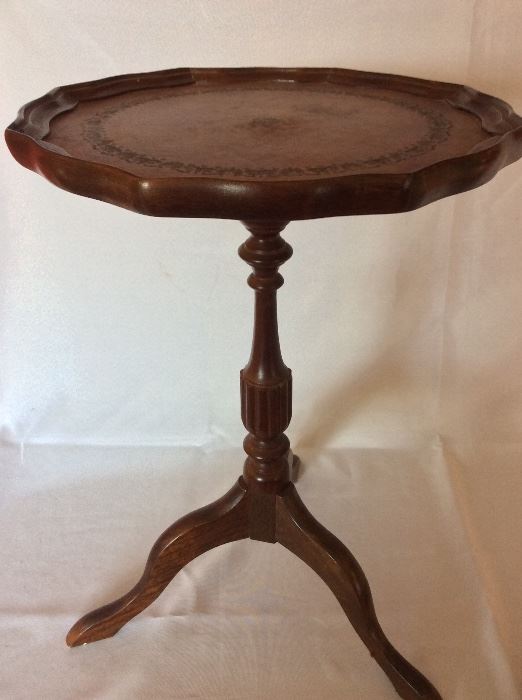 Tea Table, 20" H. Leather Accented Top, 13" diameter. 