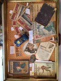Collectibles and antiques, including antique children's book of Bible lessons, magazines from the early 1900s, one of two vintage Hubleys.