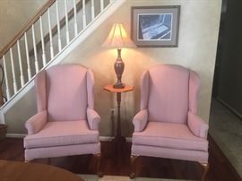 solid wood frame wing chairs, table, stone lamp with marbled paper shade, signed and numbered Andy Smith print (a dish very similar to the one in the painting is also for sale)