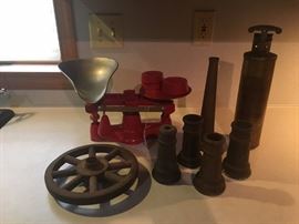 brass nozzles, antique brass fire extinguisher, Penn Scale,  wheel