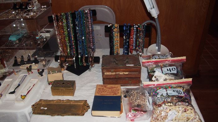 Vintage Bone Mahjong Set, Jeweled Box and tray and bag lots of jewelry