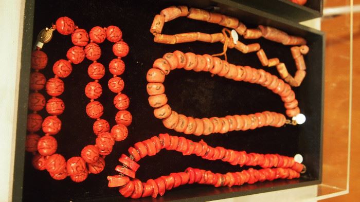 Cinnabar necklace and dyed coral and petrified wood 