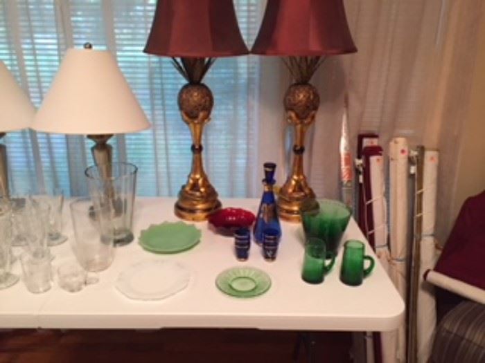 Lamps, Depression Glass, and Silk Roman Shades