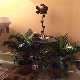 Glass top side table, small silk palms, and decor