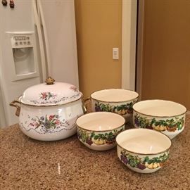 Enamel cookware and lidded nesting bowls