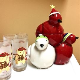 Oneida “Frosty Feathers” cookie jar and Christmas drinking glasses