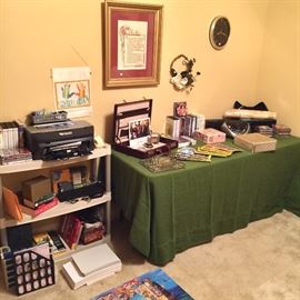 Office supplies, DVDs, cassette tapes, puzzles, and games