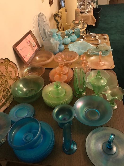 Huge collection on antique stretch glass 