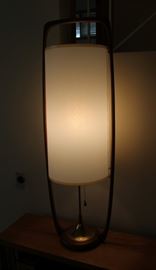 Vintage Modeline teak and brass table lamp, shade is not original, shade is DIY plastic and fiberglass tape, well constructed though.