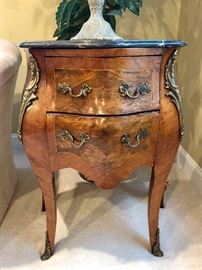 Matching antique marble top bombe two drawer chest