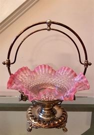 Elaborate antique brides basket with pink hobnail, ruffled glass.
