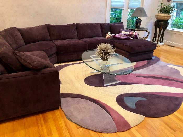 Gorgeous purple microsuede sectional - stunning custom crafted rug beneath! 