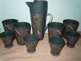 RETRO BLACK & PINK FROSTED DRINK SET WITH HORSE MOTIF; PITCHER WITH 4 LARGE AND 4 SMALL GLASSES