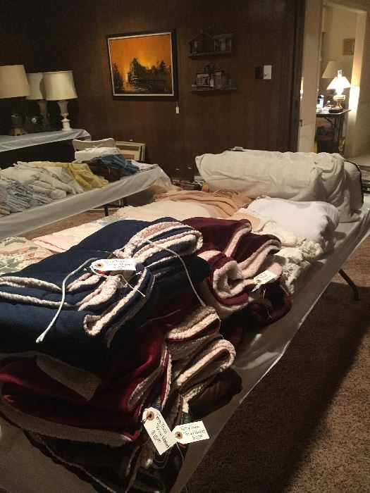 BED LINENS - BLANKETS & PILLOWS, CLEAN & TIED IN BUNDLES TAGGED FOR SALE