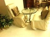 Round Metal Frame and Glass Top Cafe Table, 2 Silk Slipcovers over Parson's Chairs