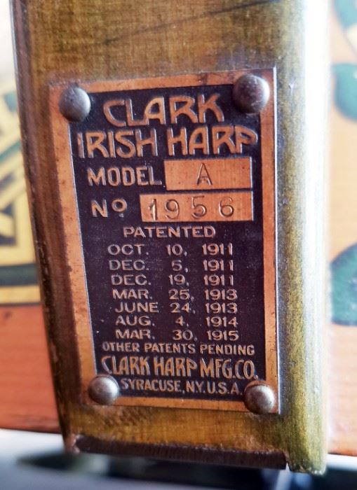 Antique Clark Irish Harp Model, in very good/excellent condition except that it needs strings. Model A. Serial #1956. Patented 1915. 