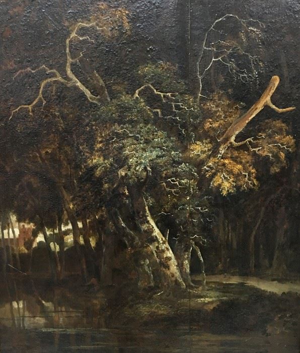 17th Century Dutch Old Master Painting of Trees & Stream. With Cradle Stretcher.