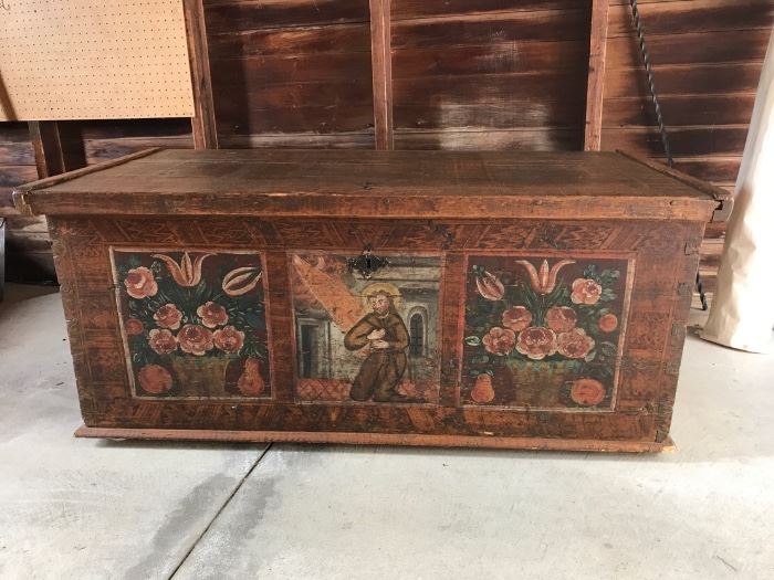 Late 1700s/early 1800s hand painted wooden chest from Bavaria, Germany. This piece was rescued from a small chapel fire.