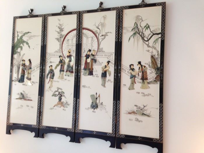 Chinese screen with jade and soapstone