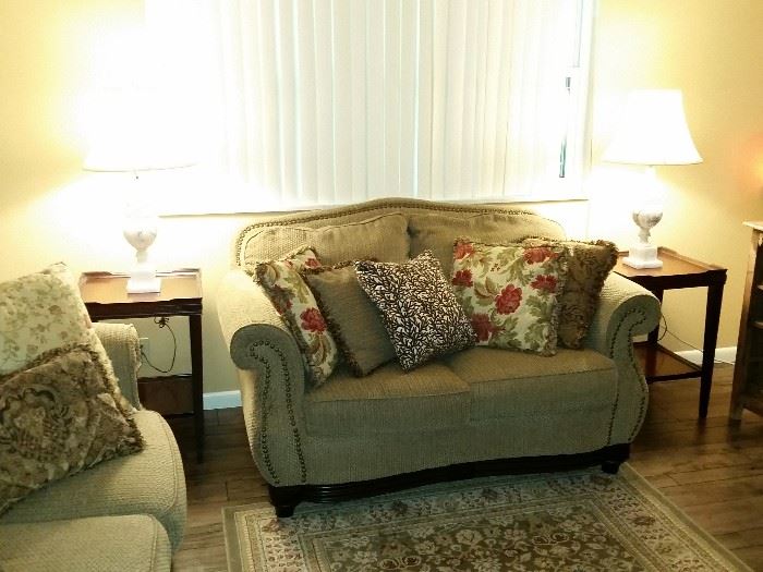 Love Seat and Couch Shown with Cherry Side Tables and Marble Lamps