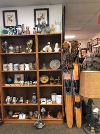 mugs, snow skiis, lamp, vases, home décor items