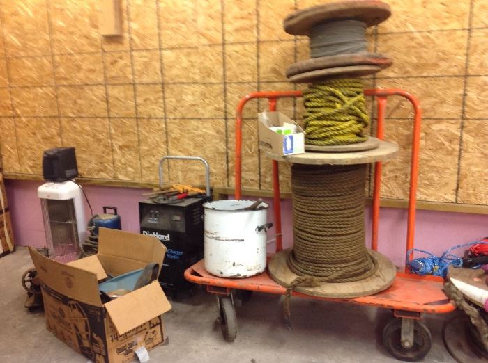 Rope, battery charger, heater, drywall cart