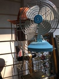 Vintage fan, cowboy hat, vintage metal plant stand