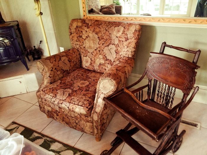 Matching chair and antique baby carriage/high chair 
