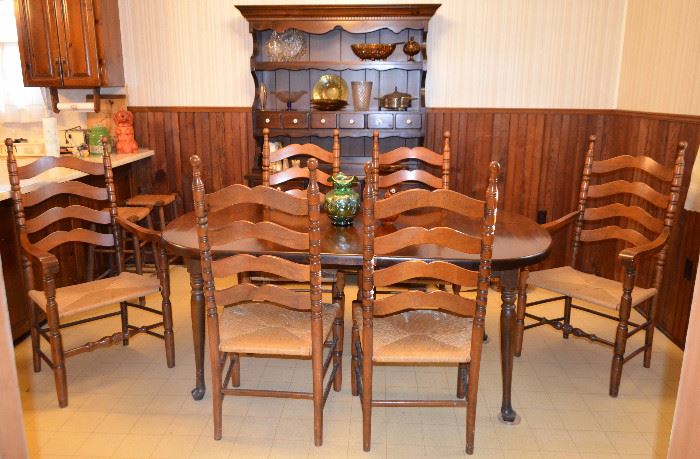 set of 6 rush bottom chairs; pine dining room table