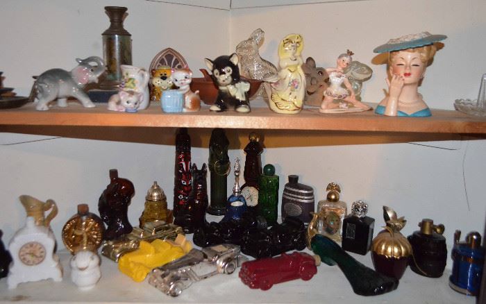 Napco head vase; figurines; Avon bottles
