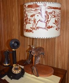 candlestick rotary phone; mid-century cowboy lamp