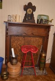 gingerbread clock; spittoons; tractor seat stool