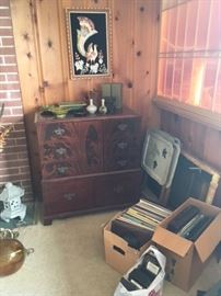 vintage mahogany cased tv and stereo unit, albums and even an 8-trac player with 8 tracs!