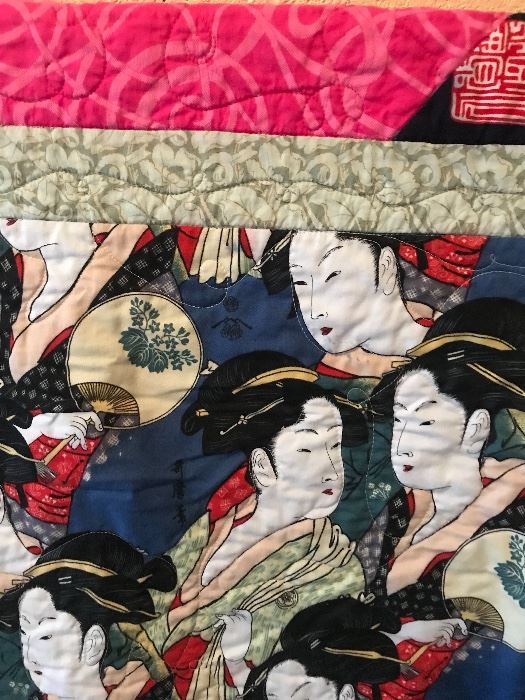 Quilted Kimono wall hanging. Close up view.