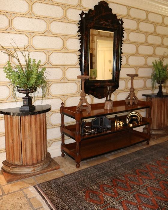 Antique Column Cabinets, T&A Shelving, Chinoiserie Mirror, Wall Brackets, Candlesticks, Bronze Statue