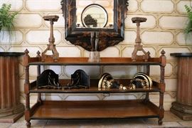 Carved Wood Stands, Theodore Alexander Bronze, English Etegere/Trolley, Gilt Wood Shelf Sconces