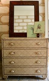 Pair of Distressed Dressers, Pair of Bark Frame Mirrors, Four Frog Wall Art