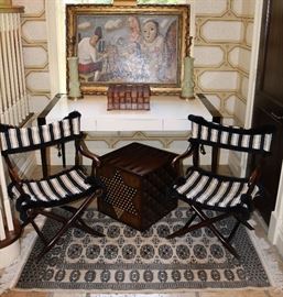 Pair Small Director's Chairs, Handknotted Rug, Modern Desk, Pair Porcelain Column Lamps, Game Cube Table