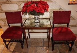 Pair Suede Upholstered Barley Twist chairs, Mirror top Side Table