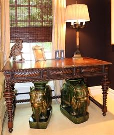 Pair Elephant Tables, Turned Leg Leather Top Desk, Onyx Table Lamp,