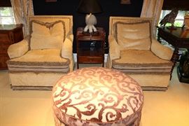Pair of Magnificent Upholstered and Nail Head Constructed Chairs and Over-Sized Ottomon