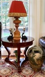 Inlaid Mahogany Table, Dolphin Candle Sticks, Pair of Wood & Polychromed Lamps
