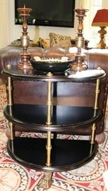 Four Three Tier Ebonized Wood and Brass Demi-Lune Shelves