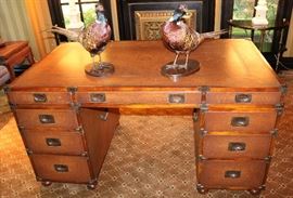 Leather Wrapped Campaign Desk, Taxidermy Pheasants