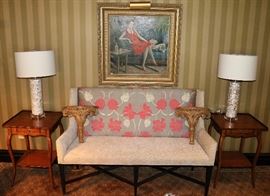 Theodore Alexander Single Drawer End Tables, Custon Settee, MOP Lamps, Wood Sconces