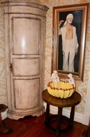 Four Shelf Corner Cabinet, Brass Topped Side Table, Original Oil on Canvas