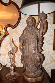 Pair of 18th Century Carved Wood Figural Candle Holders, Electrified.