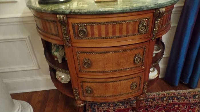 pair 20th C. burled walnut Italian commodes with green marble top...pair  $3,800