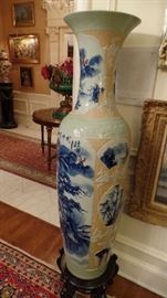 pair palace size blue and white urns,, with stand 6' high..$2,100 pair perfect condition